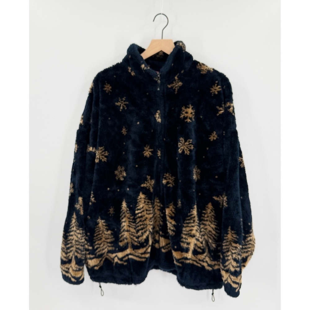 Vintage Mazmania Fleece Jacket 3X Winter Print Pine Tree Snowflake Outdoor USA